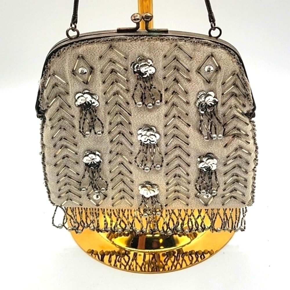 HONG KONG Vintage Beaded & Sequin Evening Purse Silver White - Picture 2 of 6